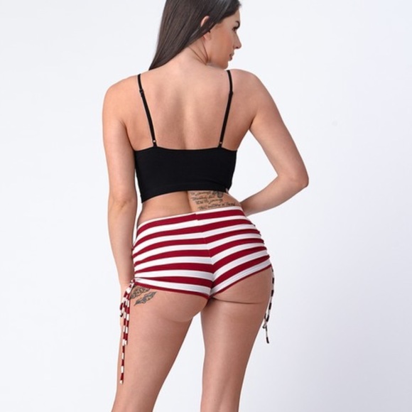 New! USA Red White Blue Flag Side Tie Ruch Shorts - Picture 6 of 6